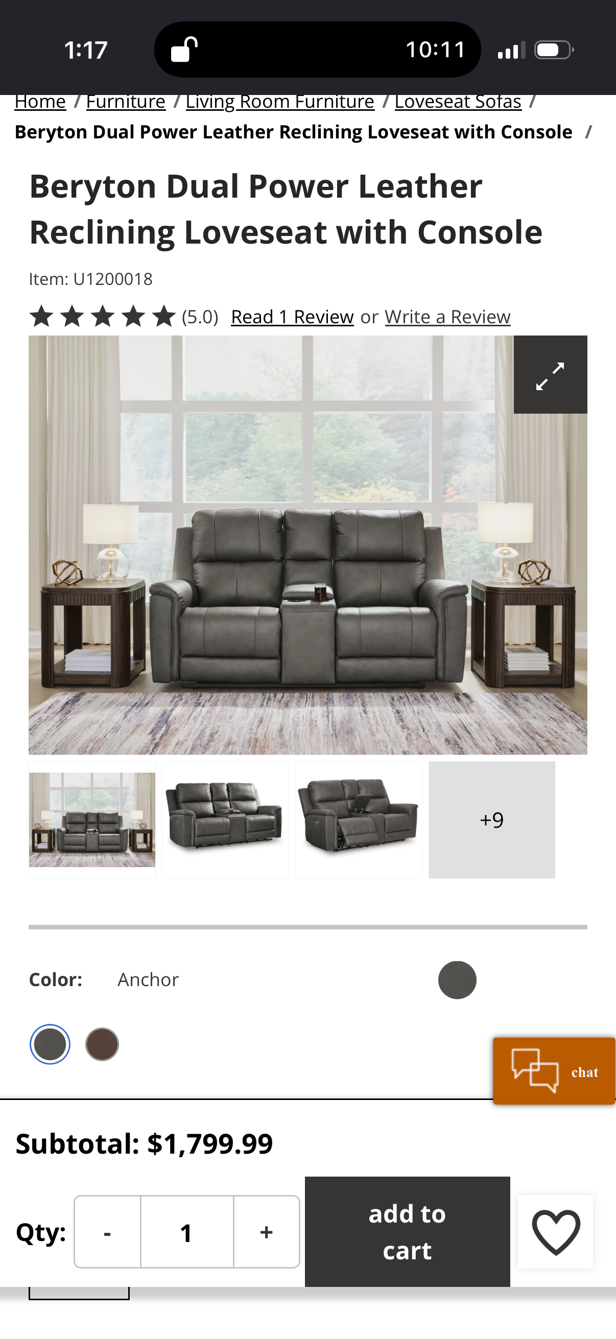 Bleckley Leather Reclining Loveseat - customer return $1800 retail.