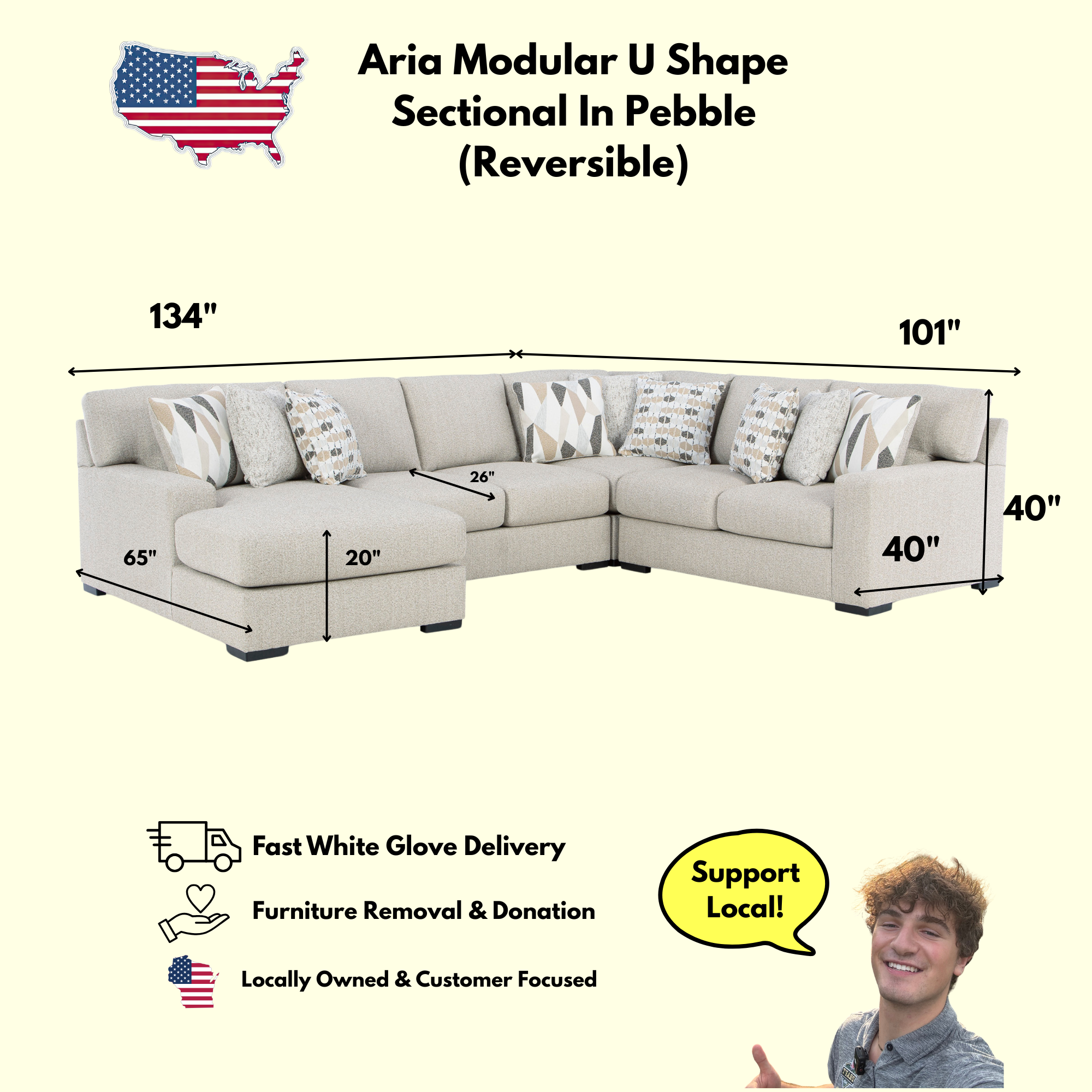 Aria Modular U Shape Sectional In Pebble (Customizable)