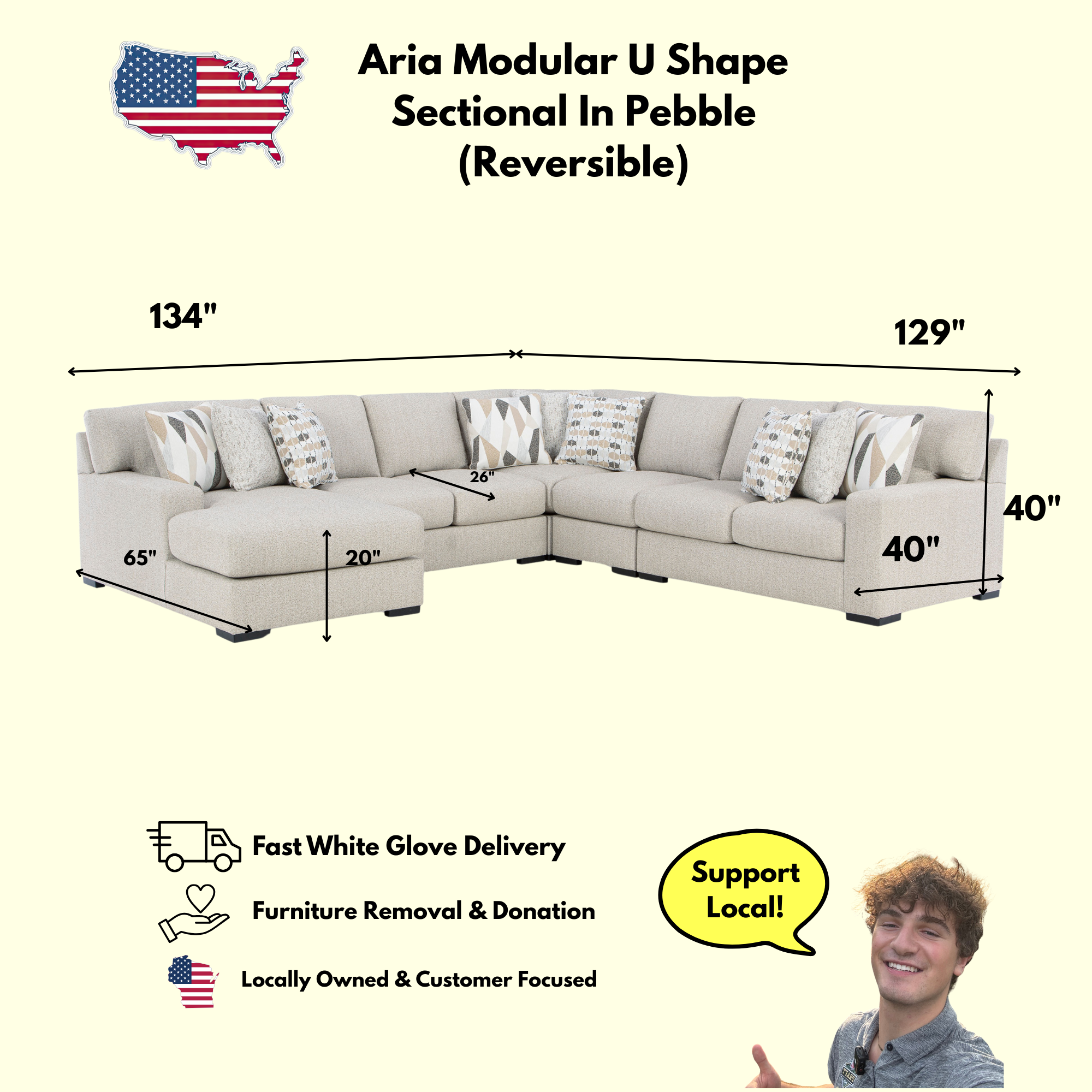 Aria Modular U Shape Sectional In Pebble (Customizable)