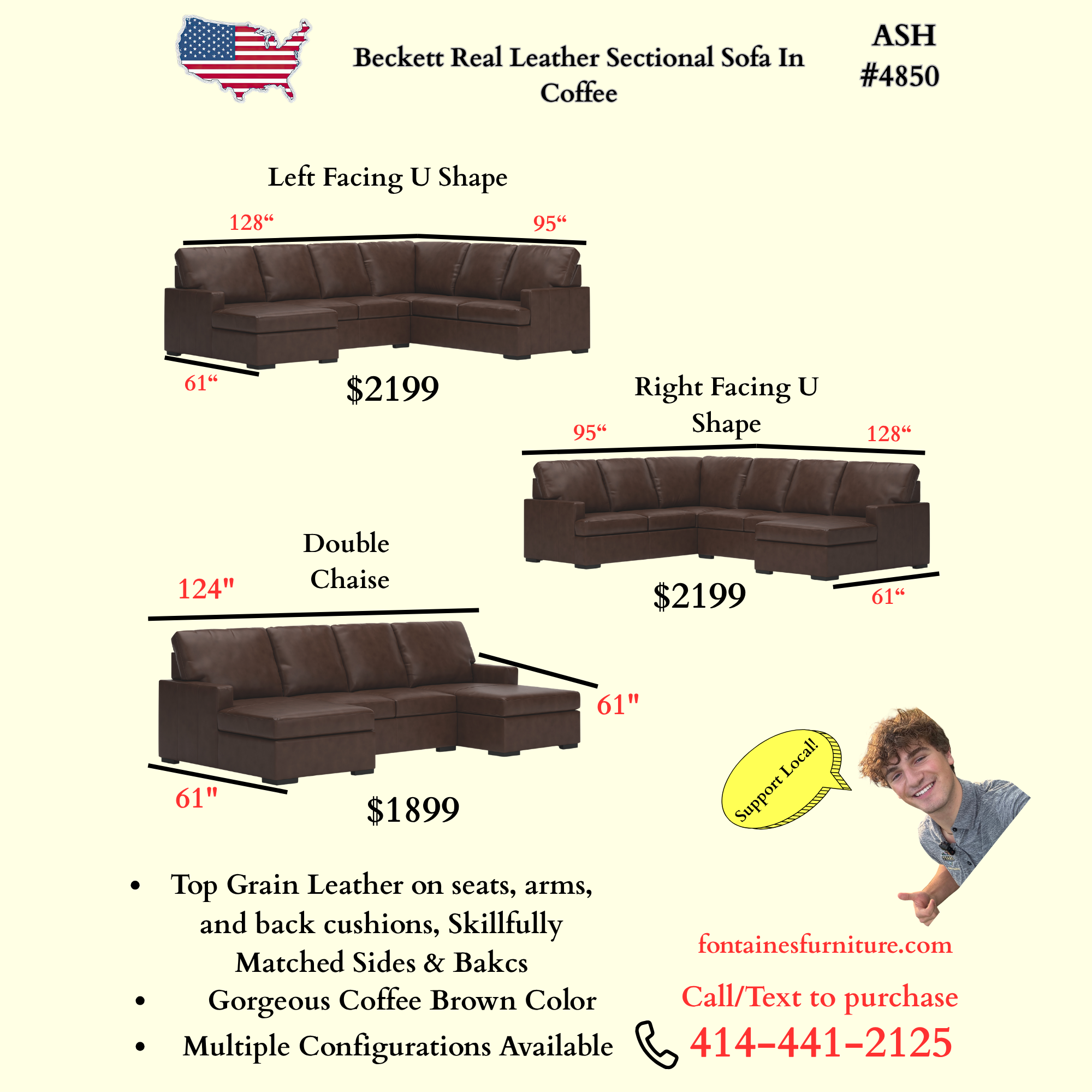 Beckett Leather U Shape Sectional Sofa (Customizable)