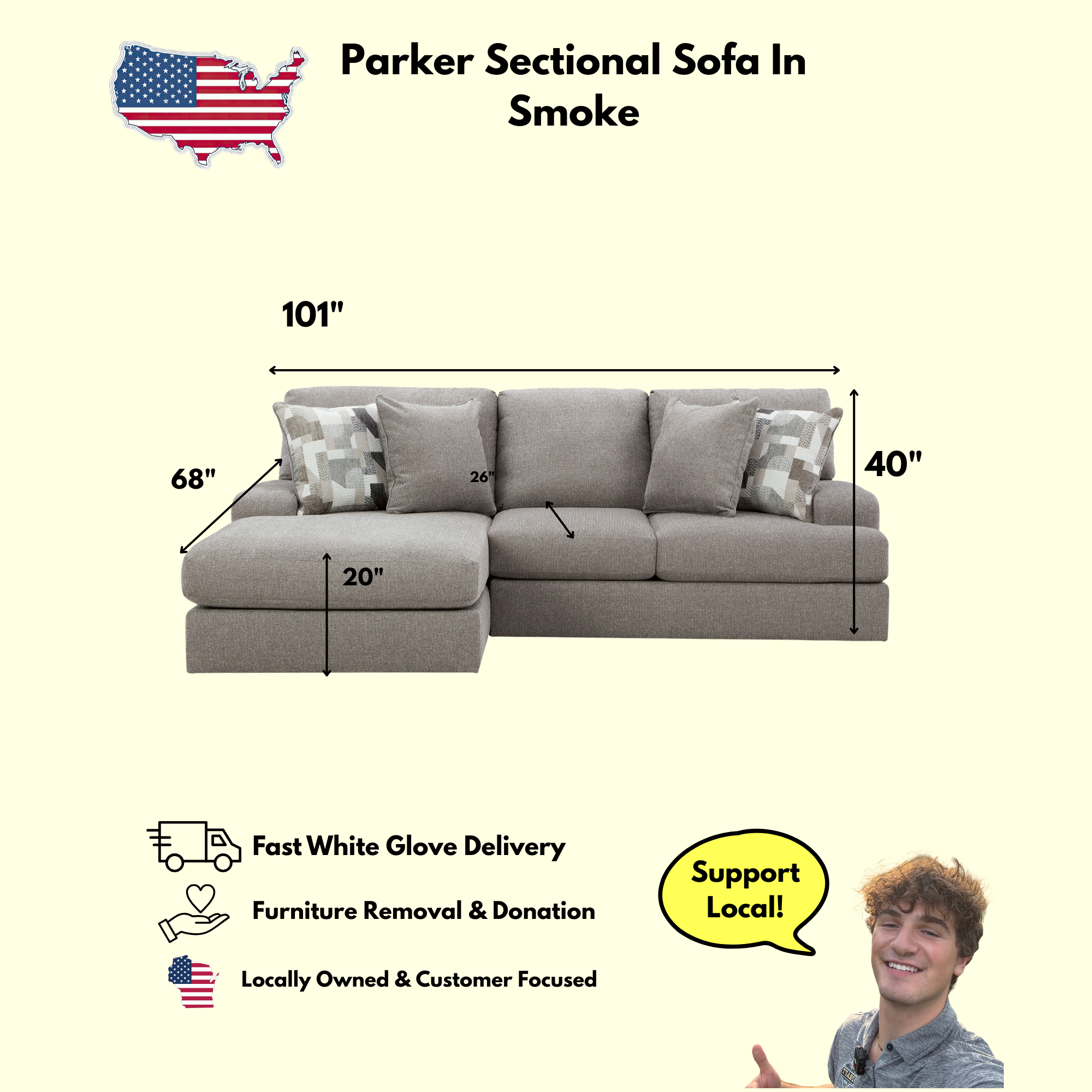 Parker Two Piece Chaise Sectional In Smoke (Reversible)
