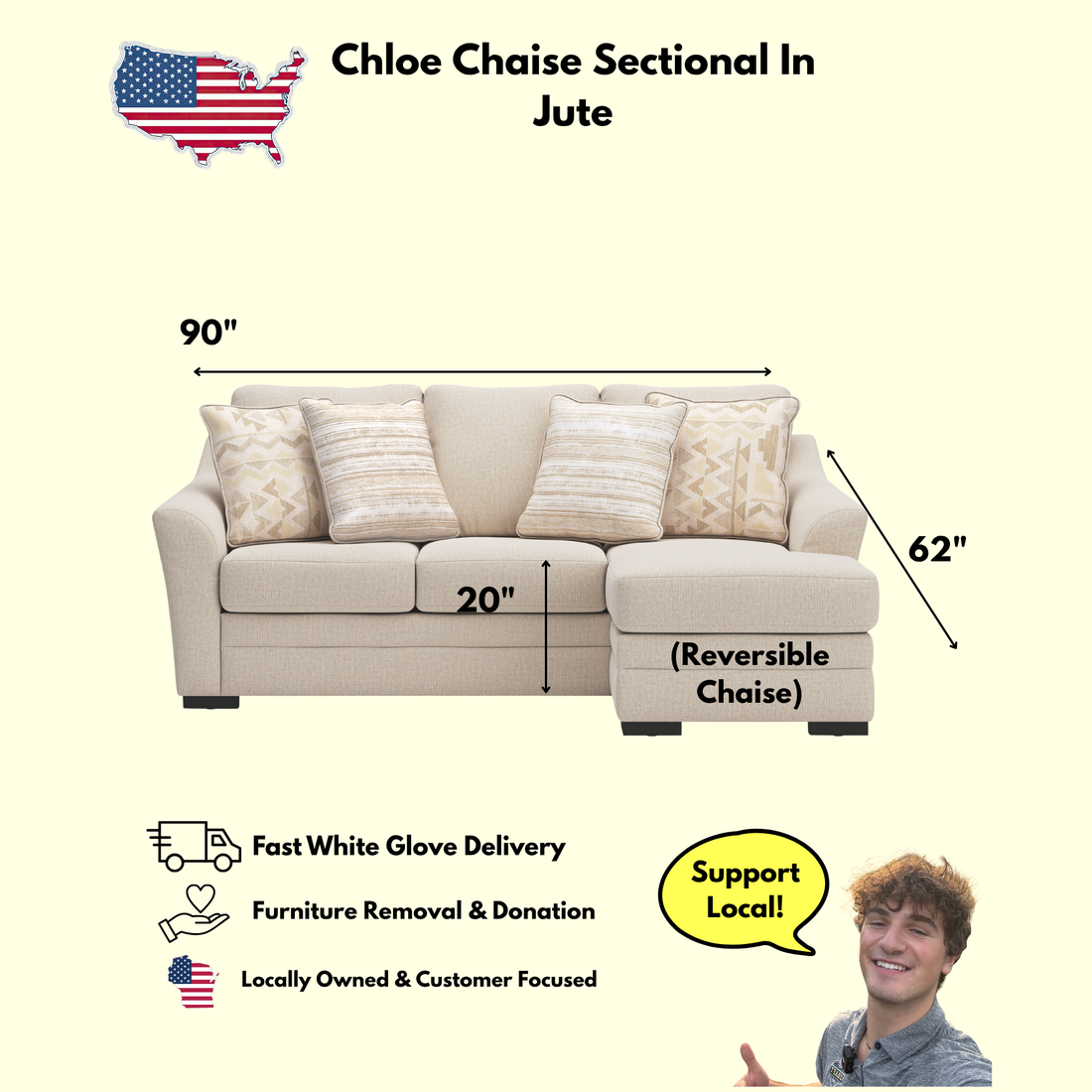 Chloe Sofa Chaise In Jute (Optional Queen Sleeper)