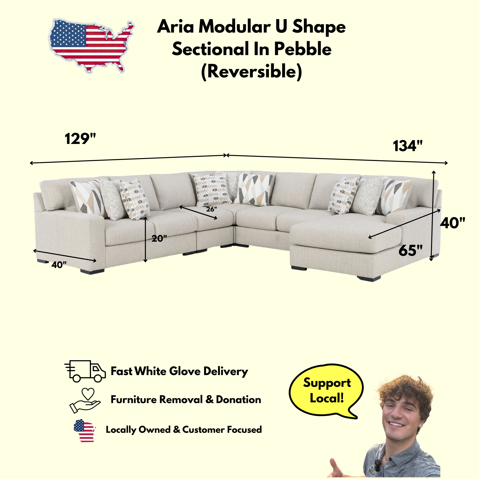 Aria Modular U Shape Sectional In Pebble (Customizable)