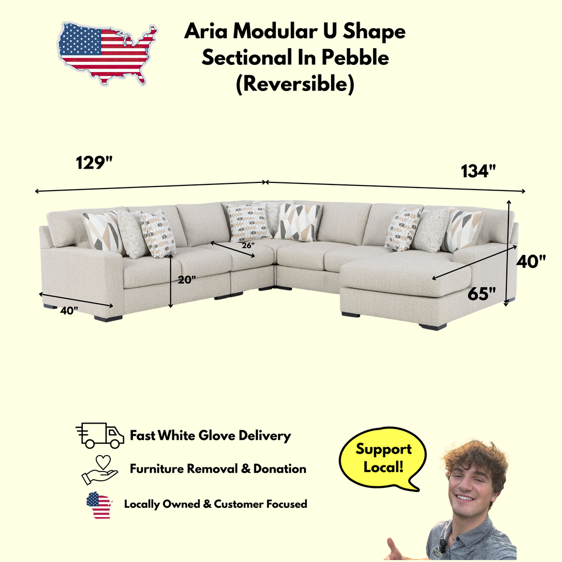 Aria Modular U Shape Sectional In Pebble (Customizable)