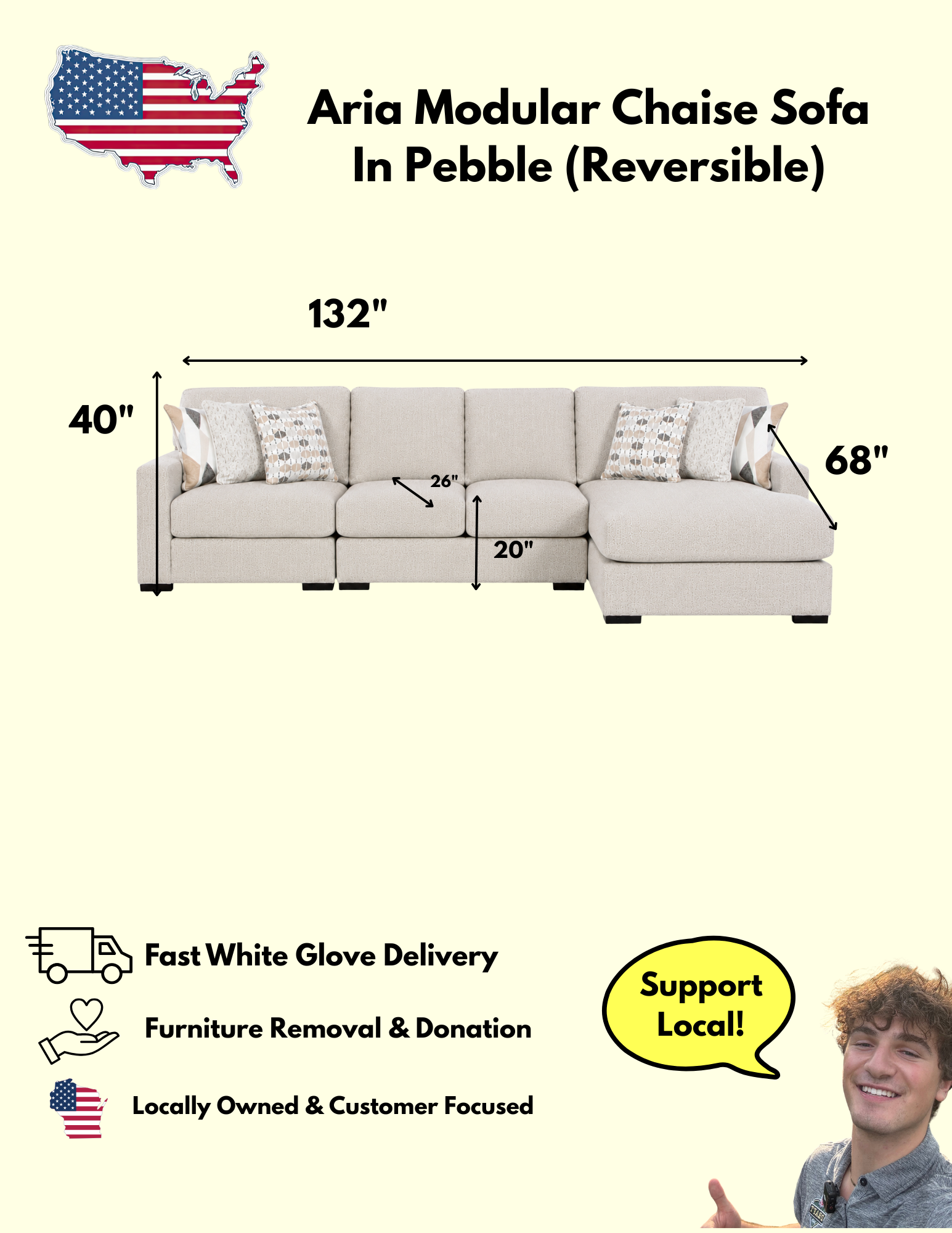 Aria Modular Sectional Dual Chaise In Pebble (Customizable)