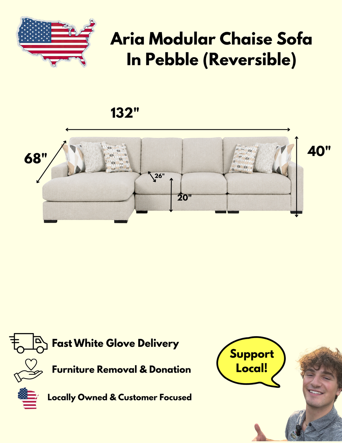 Aria Modular Sectional Dual Chaise In Pebble (Customizable)