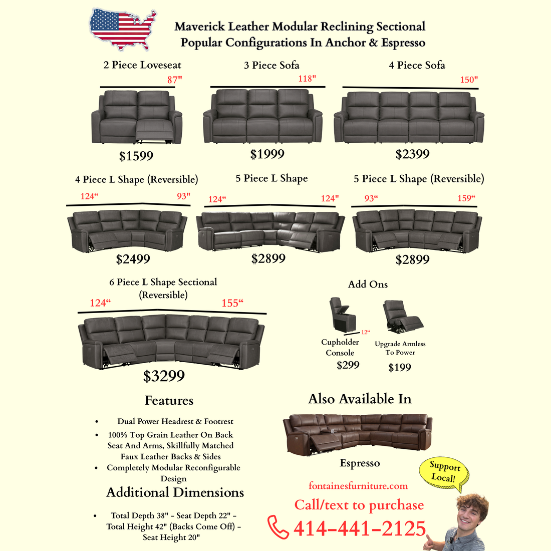 Maverick Modular Leather Reclining Sectional In Espresso (Customizable)