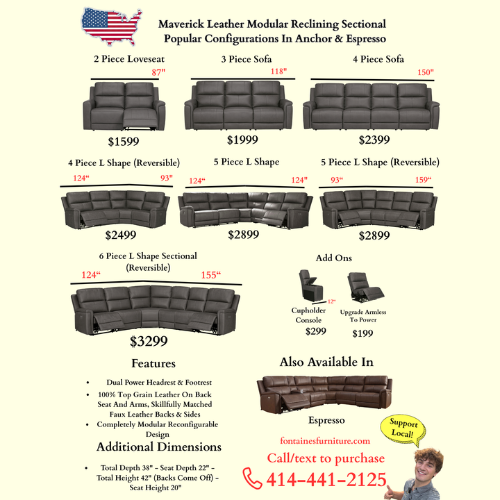Maverick Modular Leather Reclining Sectional In Anchor (Customizable)