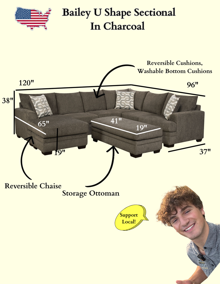🇺🇸SPECIAL! Bailey Charcoal U Shape Reversible Chaise Sectional