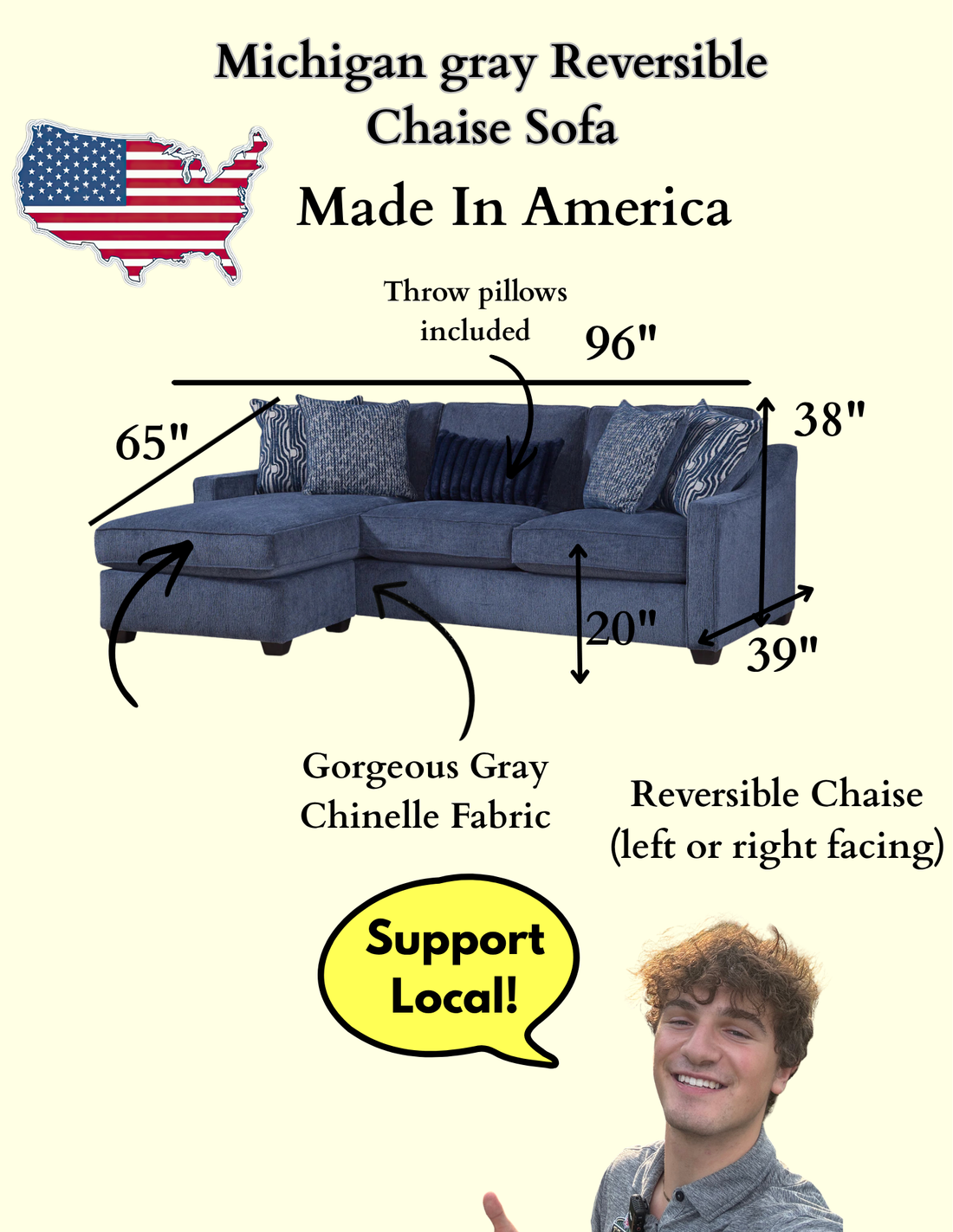 Michigan Blue Sectional Sofa Reversible Chaise