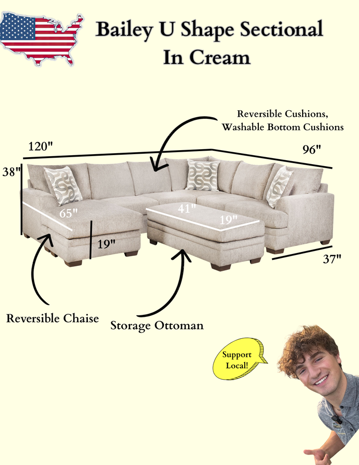 Bailey Cream U Shape Reversible Chaise Sectional