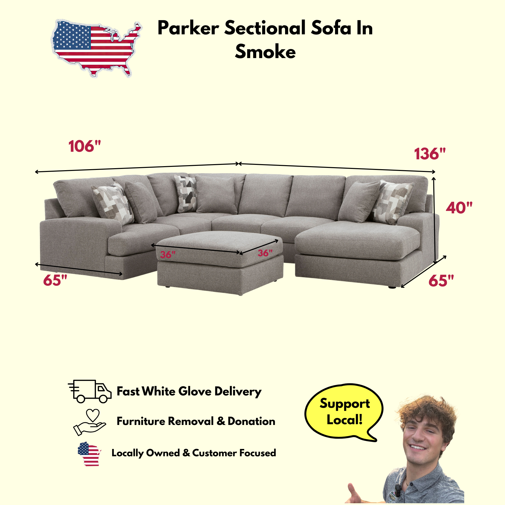 Parker U Shape Chaise Sectional In Smoke (Reversible)