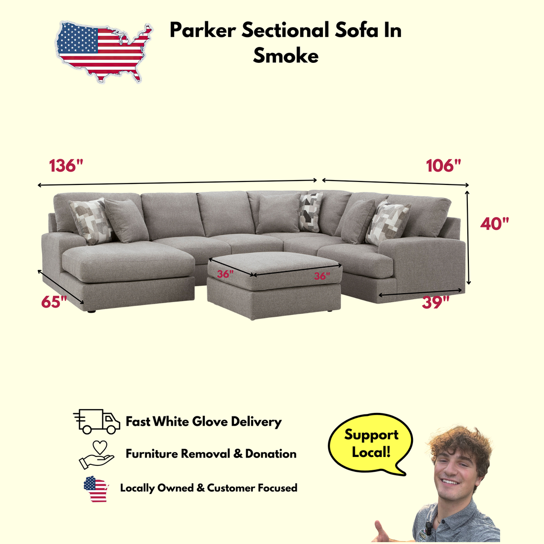 Parker U Shape Chaise Sectional In Smoke (Reversible)