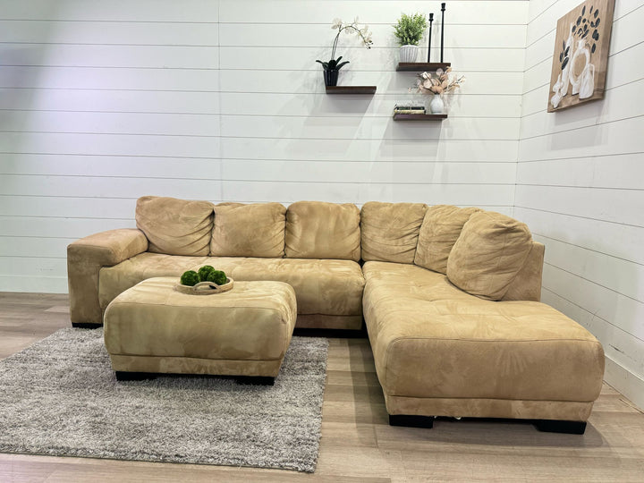 Gorgeous Camel Taupe Chaise Sectional with Ottoman
