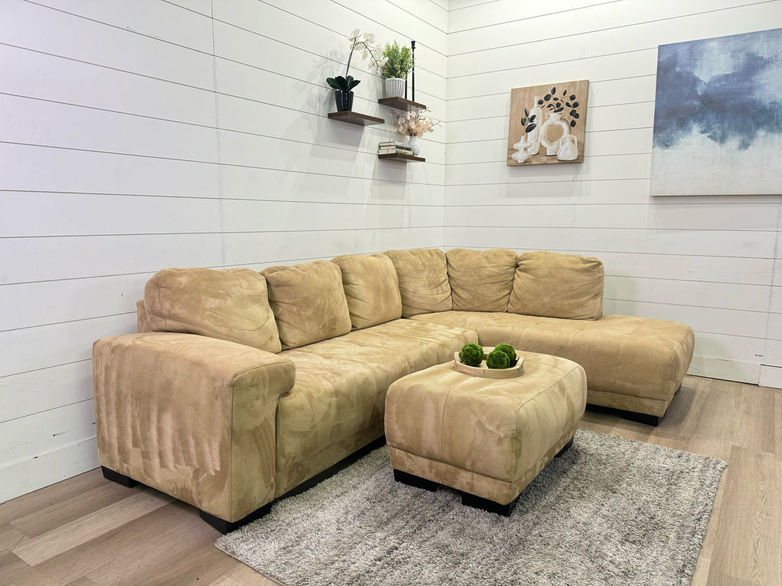 Gorgeous Camel Taupe Chaise Sectional with Ottoman