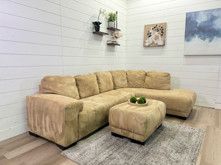 Gorgeous Camel Taupe Chaise Sectional with Ottoman