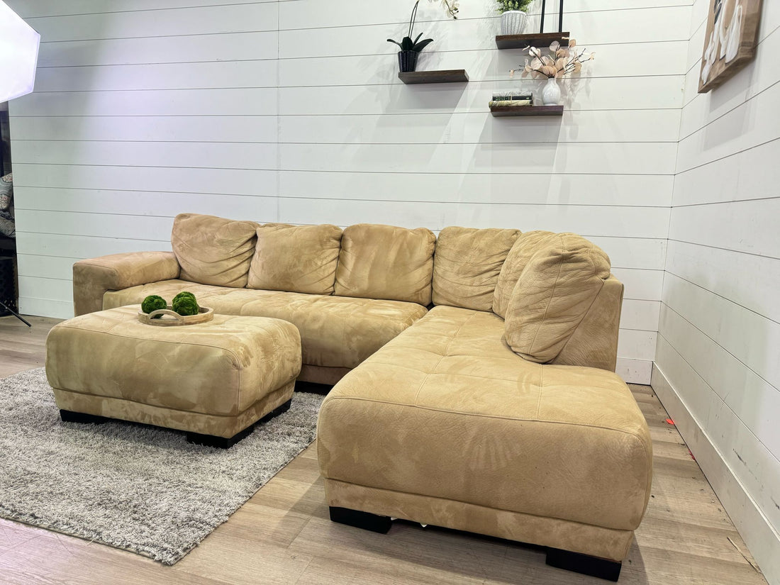 Gorgeous Camel Taupe Chaise Sectional with Ottoman