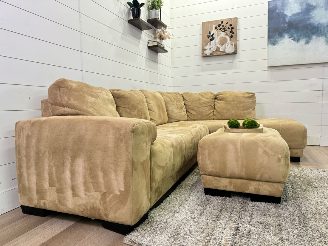 Gorgeous Camel Taupe Chaise Sectional with Ottoman