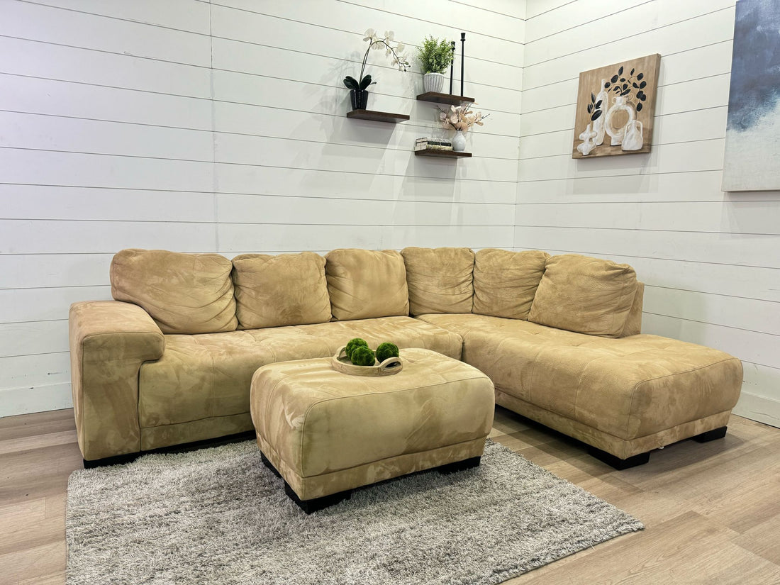Gorgeous Camel Taupe Chaise Sectional with Ottoman